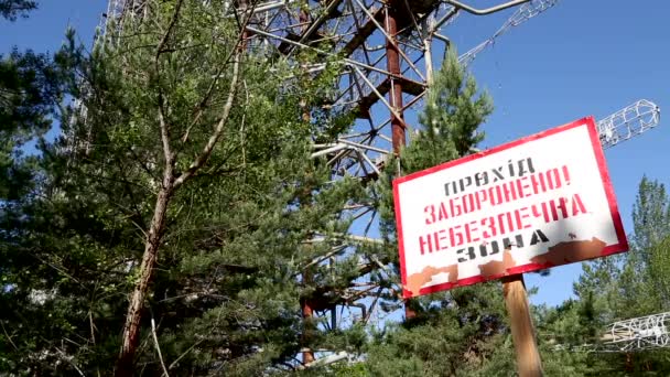 Warning Sign Ukrainian Entry Dangerous Area Secret Soviet Radar Station — Stock Video