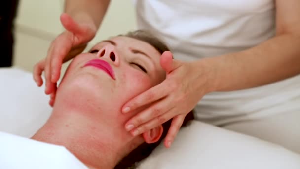 Jeune Femme Appréciant Massage Facial Relaxant Des Doigts Caressant Peau — Video