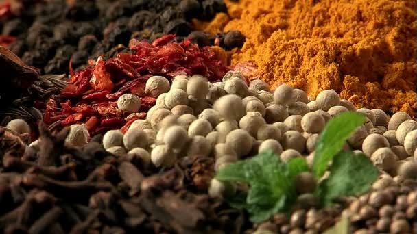 Gießt weiße Paprika-Erbsen. Gewürze mischen. Makro. — Stockvideo