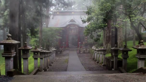 Weg met stenen lantaarn in de oude shintoschrijn. De tempel in de mist. Mitsumine. Japan. Chichibu. Saitama — Stockvideo