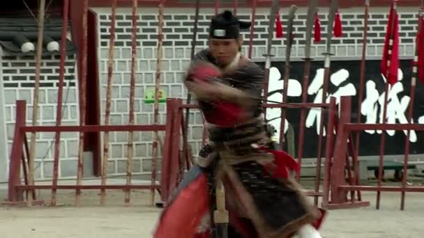 Koreańskich sztuk walki. Wojownicy Hvarang. Cięcie mieczem słomy krążków. — Wideo stockowe
