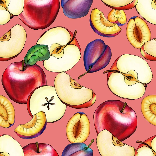 Seamless pattern of red apples and plums on a pink background, drawn with a colored pencil. Graphic texture for packaging, postcard, wrapping paper, gift, fabric, print, banner, wallpaper, textile, advertising, web. Printing using natural organic ele