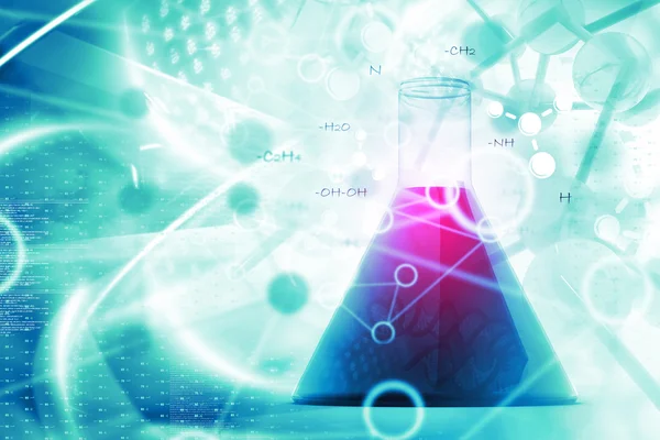 Scientific background with laboratory flask and molecules — Stock Photo, Image
