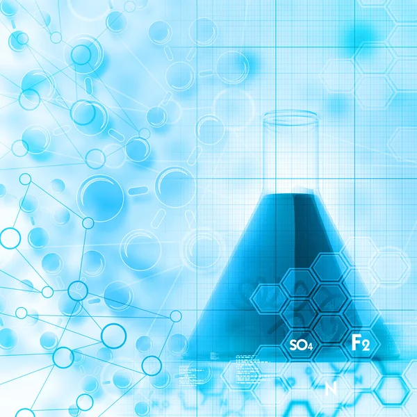 Laboratory flask and molecules in scientific background — Stock Photo, Image