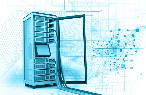 Server rek met netwerkkabels Stockfoto