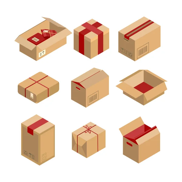 Icona del pacco isometrico. Imposta l'illustrazione vettoriale della scatola di imballaggio isolata su sfondo bianco. — Vettoriale Stock