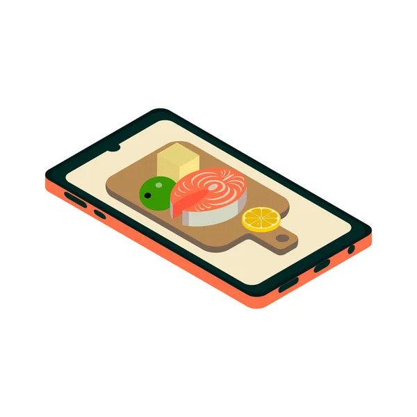 Ícone do smartphone isométrico.Ilustração do vetor de comida saudável isolada no fundo branco. —  Vetores de Stock