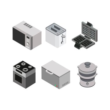 Isometric Appances simgesi. Mutfak aletleri vektör illüstrasyonunu beyaz arkaplanda izole eder.
