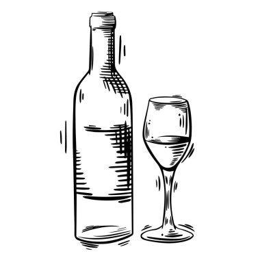 Bir şişe şarap ve cam skeç. İzole edilmiş arkaplanda vektör illüstrasyonu. El çizimi vektör illüstrasyonu.