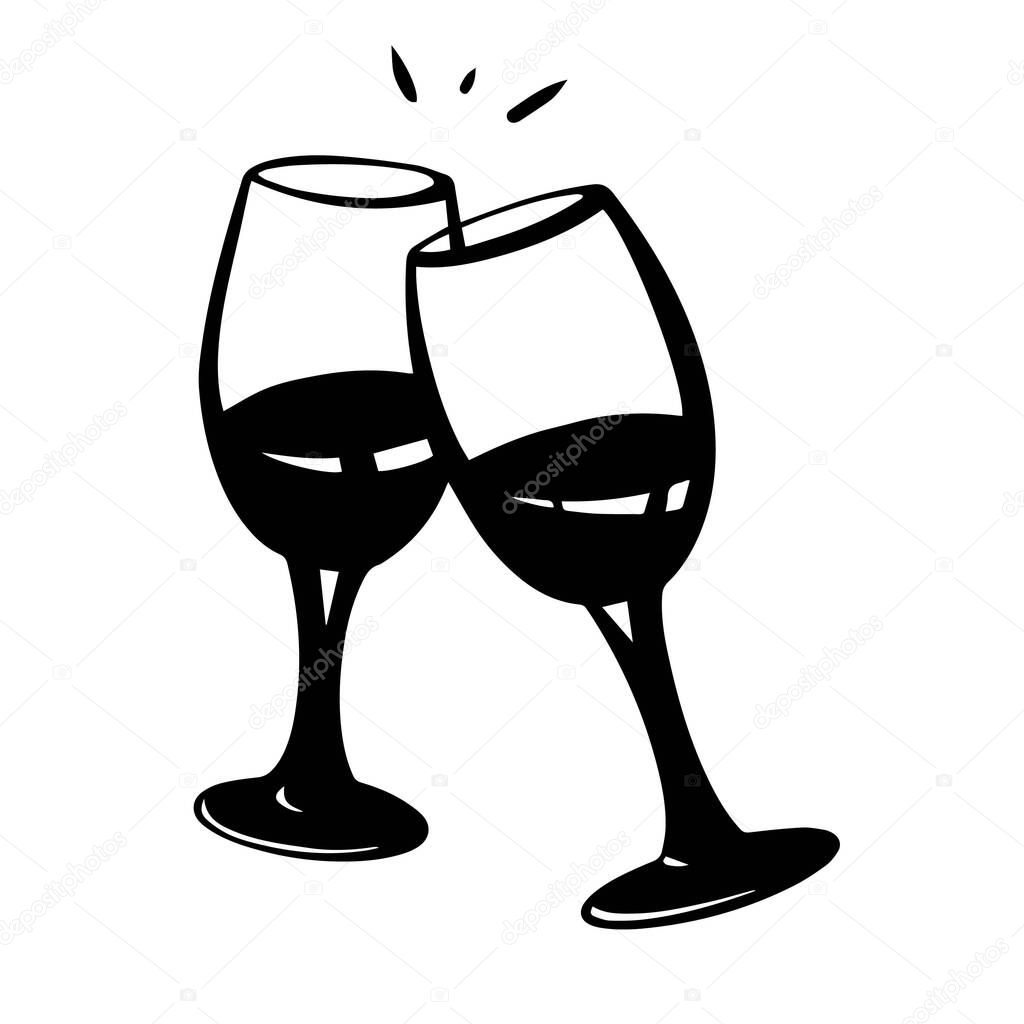 Two glasses of wine or champagne. Champagne cheering. Vector illustration. Hand drawn wine glasses