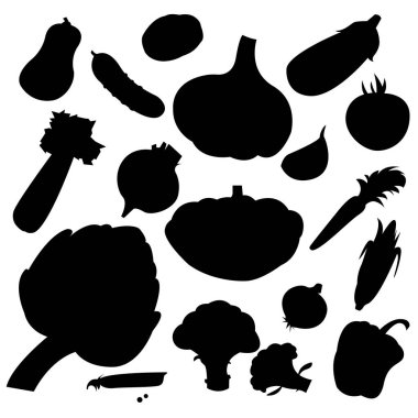 Vektör siyah sebze siluetini beyaz arkaplana ayarla. Sebze simgesi izole edildi.