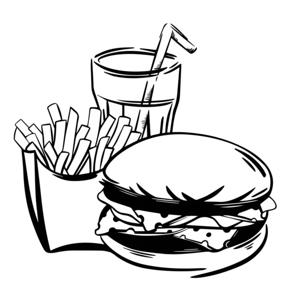 Set Fast Food Illustration Sketch Vector Illustration Burger French Fries — Stock Vector