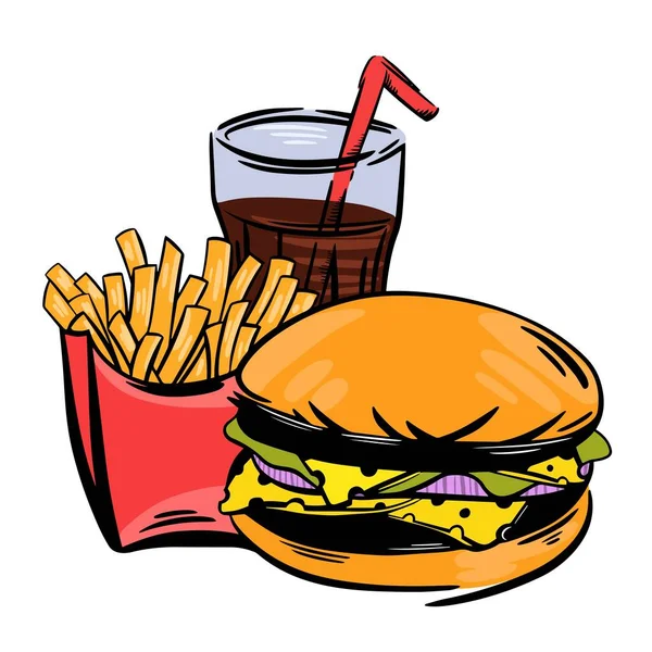 Fast Food Renkli Bir Resim Seti Hamburger Çizburger Patates Kızartması — Stok Vektör
