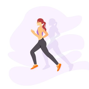 Beyaz arka planda, modern düz stil vektör kadın çizimi çalıştırılıyor. Sağlıklı ve güzel kadın soyut çizim