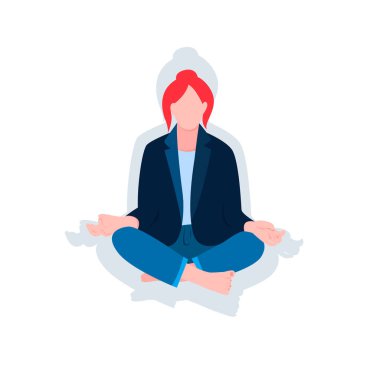 Yoga meditasyonundaki iş kızı, beyaz arka planda izole edilmiş düz vektör tarzında resimleme yapıyor.