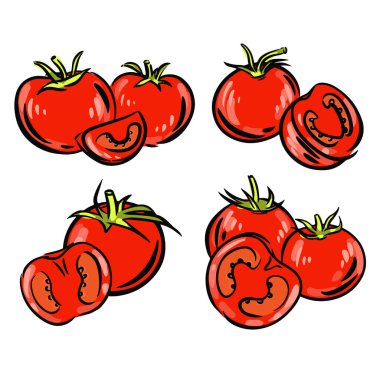 Domatesler beyaz arkaplanda vektör olarak çizim yaparlar. Yemek paketleme tasarımı için el yapımı domates. Sebze tasviri. Vegan kavramı.