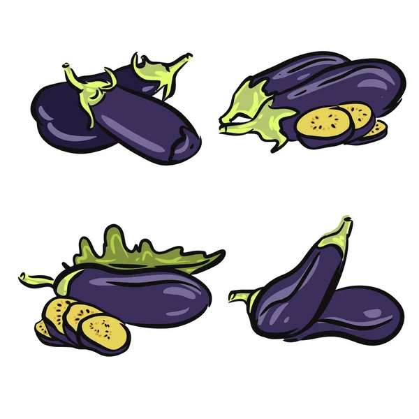 Eggplantor Illustrationer Isolerade Vektor Handritade Äggplantor Som Goof För Livsmedelsförpackningar — Stock vektor