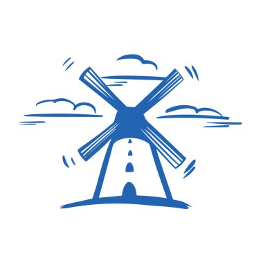 Beyaz arkaplanda izole edilmiş vektör elle çizilmiş çiftlik yel değirmeni simgesi logosu
