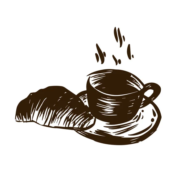 Filiżanka Kawy Rogalik Ręcznie Rysowany Wektor Ilustracja Białym Tle — Wektor stockowy