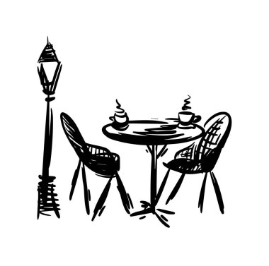 Street cafe hand drawn sketch vector illustration. Street cafe picture on white background