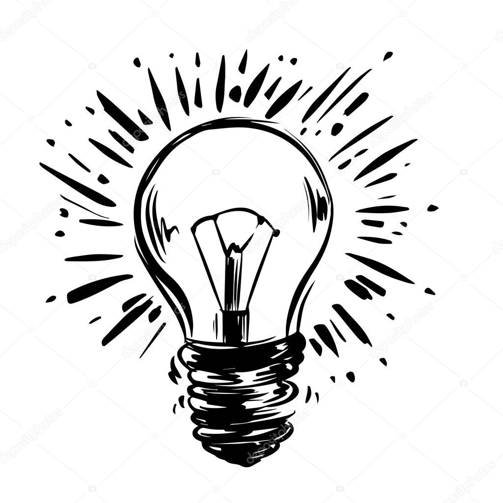 Vintage light bulb vector hand drawn illustration on white background. Light bulb icon logo.