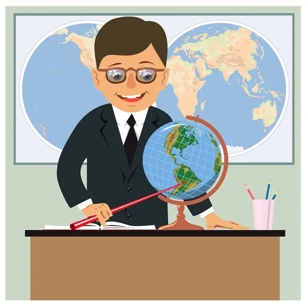 Geografi lärare i klassrummet på bakgrund av världskartan — Stock vektor
