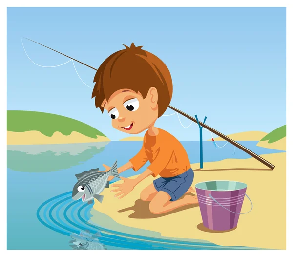 The boy lets out the fish caught by him to the river — Stock Vector