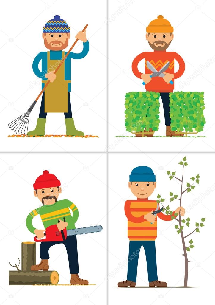 Set of personages working in garden or park