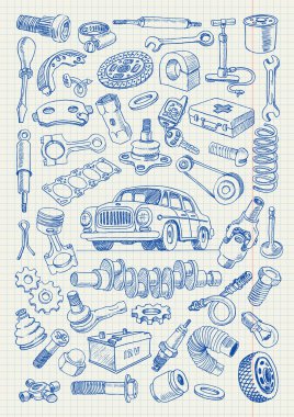 Serbest çizim stilde araba parçaları