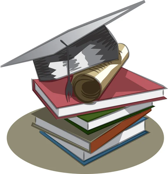 卒業の帽子、書籍や卒業証書 — ストックベクタ