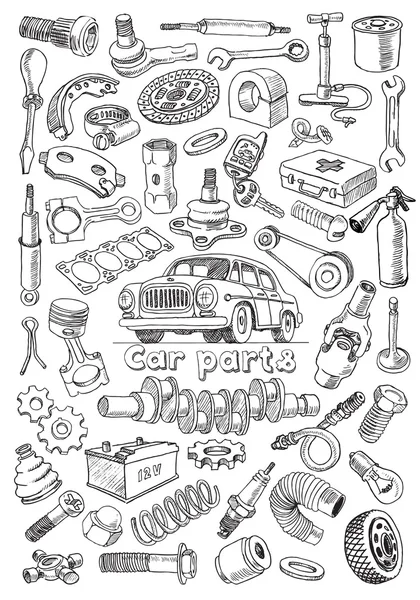 Pièces de voiture en style dessin à main levée — Image vectorielle