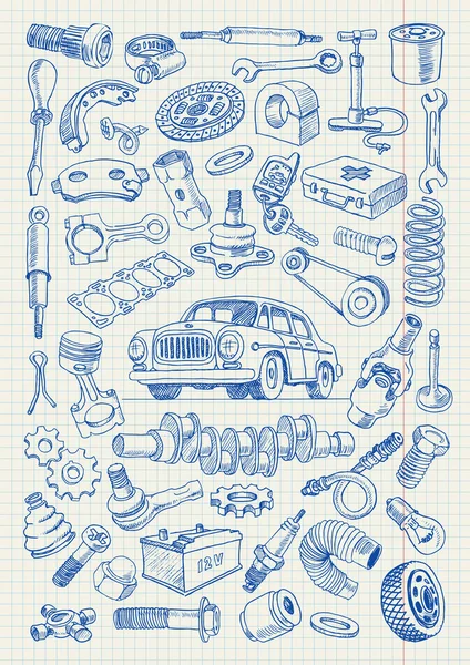 Car parts in freehand drawing style — Stock Vector