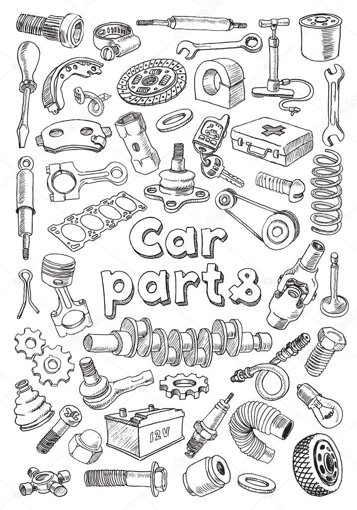 Car parts in freehand drawing style
