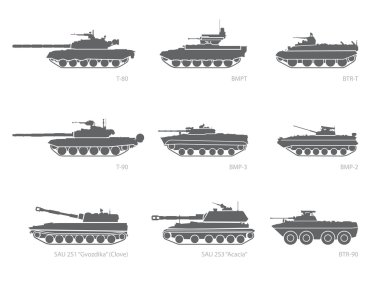Stylized images of armored vehicles for military infographics clipart
