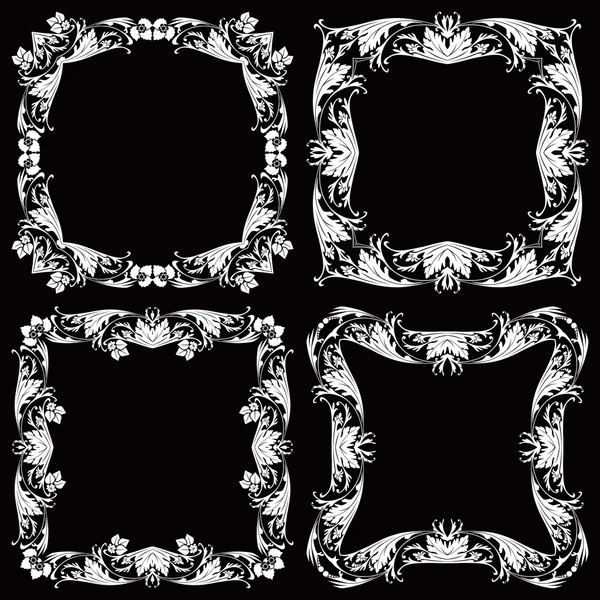 Ensemble de quatre cadres floraux vintage sur fond noir — Image vectorielle