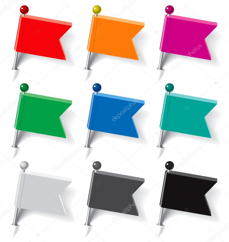 Set of pins in the form of multi-colored flags