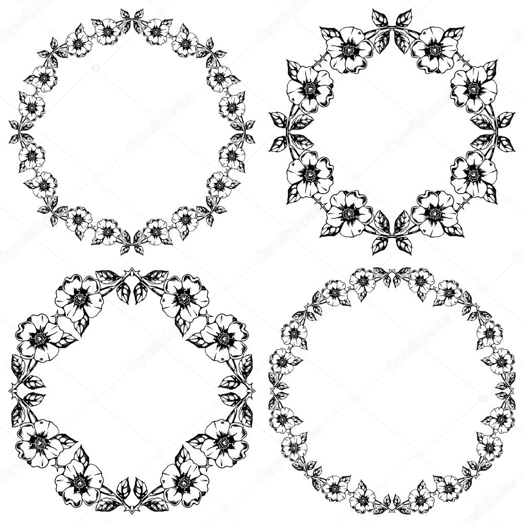 Set of floral vintage round frames on transparent background