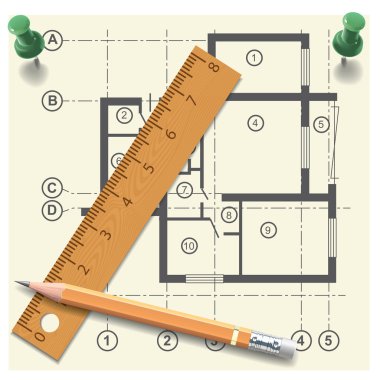 Kalem ve bir arka plan çizim apartman cetvelde