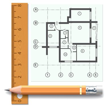 Kalem ve bir arka plan çizim apartman cetvelde