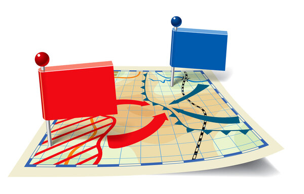 Указатели в виде флагов на вымышленной и стилизованной карте
