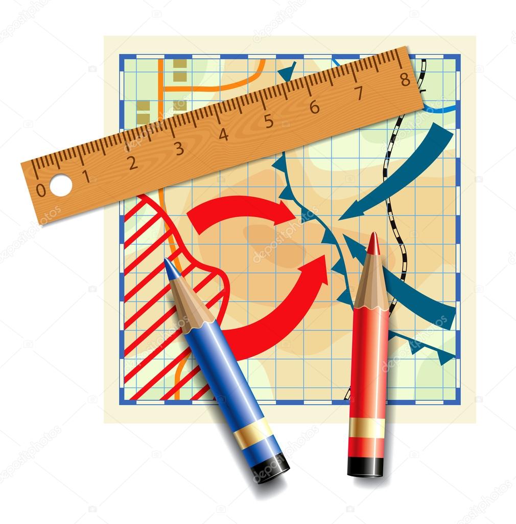 Wooden ruler and colored pencils on a fictional and stylized map