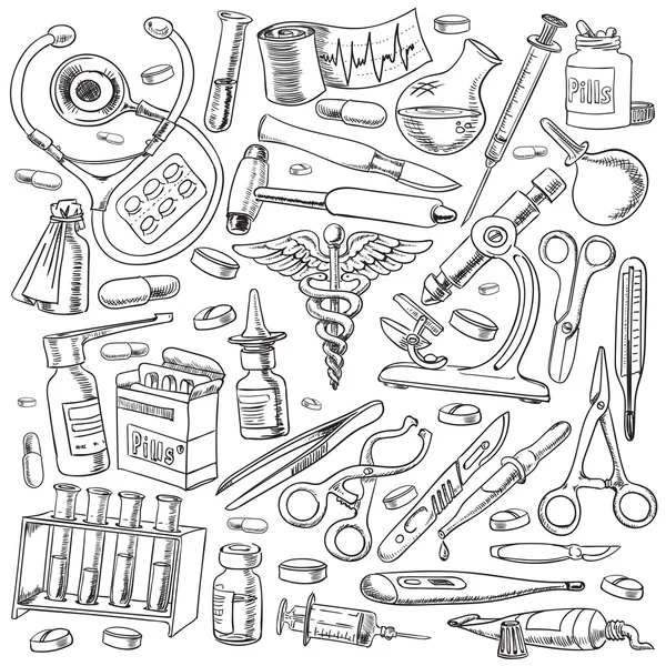 Équipements médicaux et outils dans le style de dessin à main levée — Image vectorielle