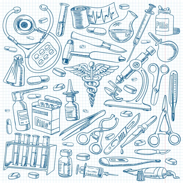 Equipos médicos y herramientas en el estilo de dibujo a mano alzada — Vector de stock