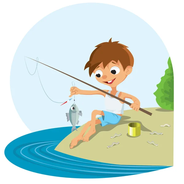 Menino pesca em um rio — Vetor de Stock