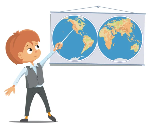 The pupil in the classroom stands near the world map — Stock Vector