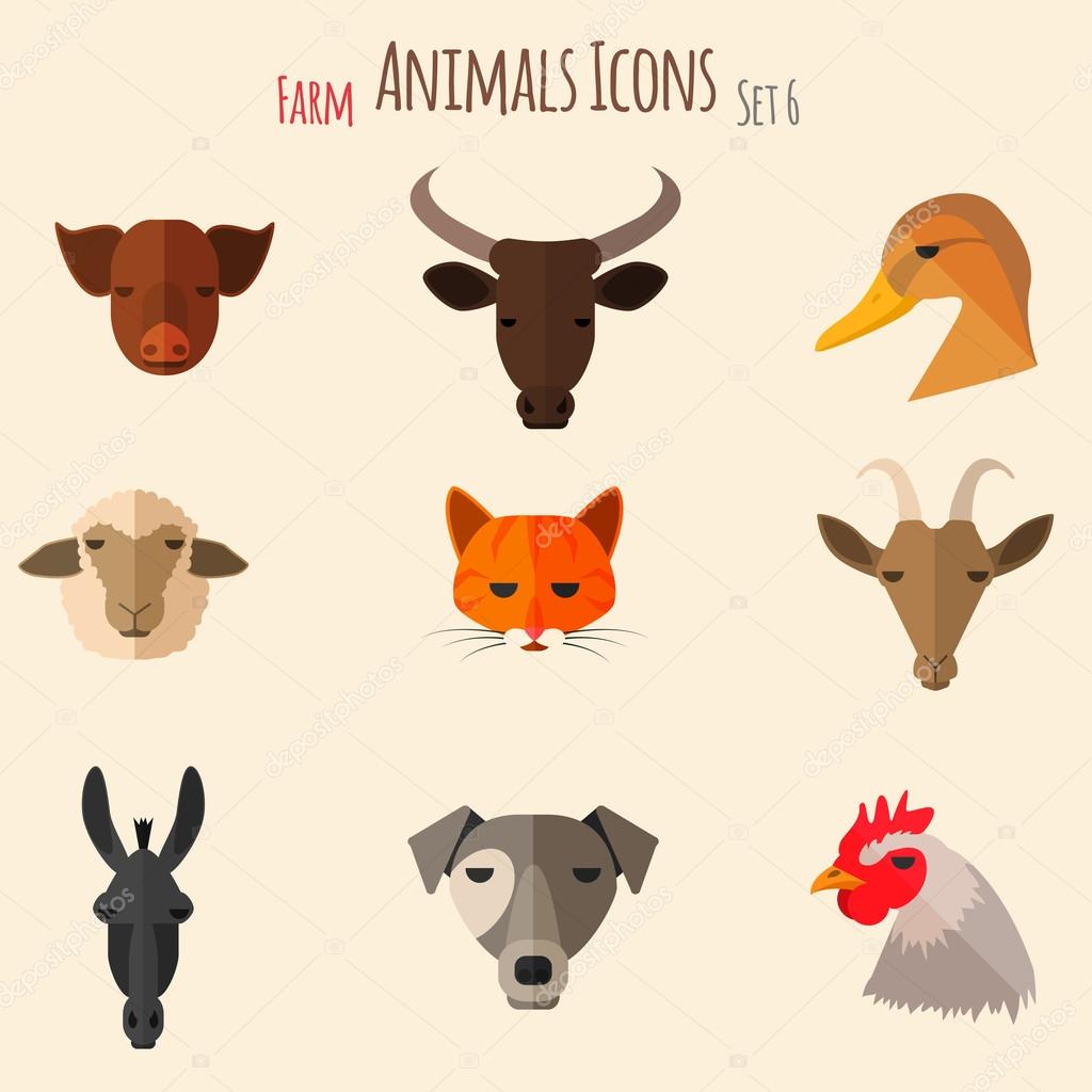 Farm Animals Icons on White Background in Flat Style