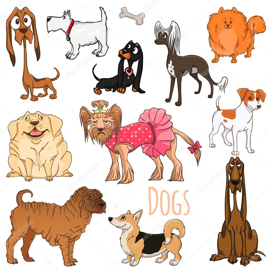 Vector set of funny cartoon dogs.Vector illustration