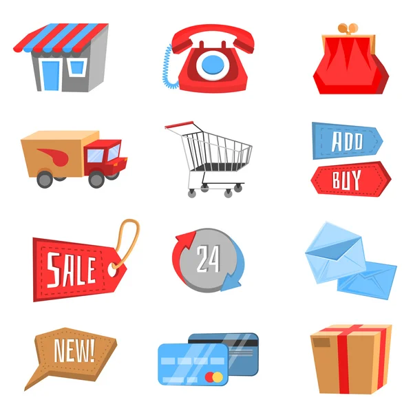 Conjunto vectorial de iconos de compras planos y coloridos . — Archivo Imágenes Vectoriales