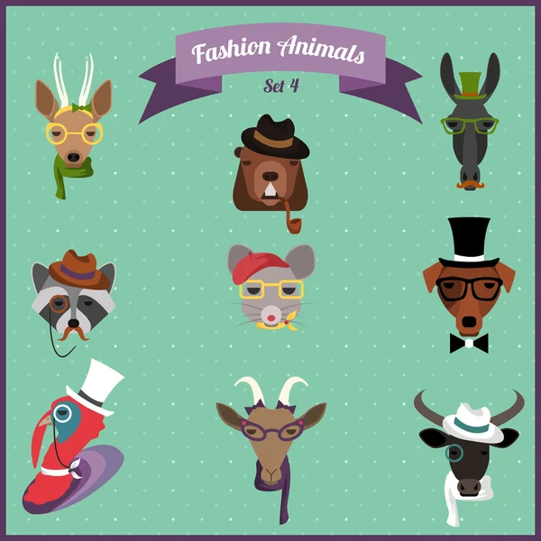 Moda Hipster Animales conjunto 4 — Vector de stock