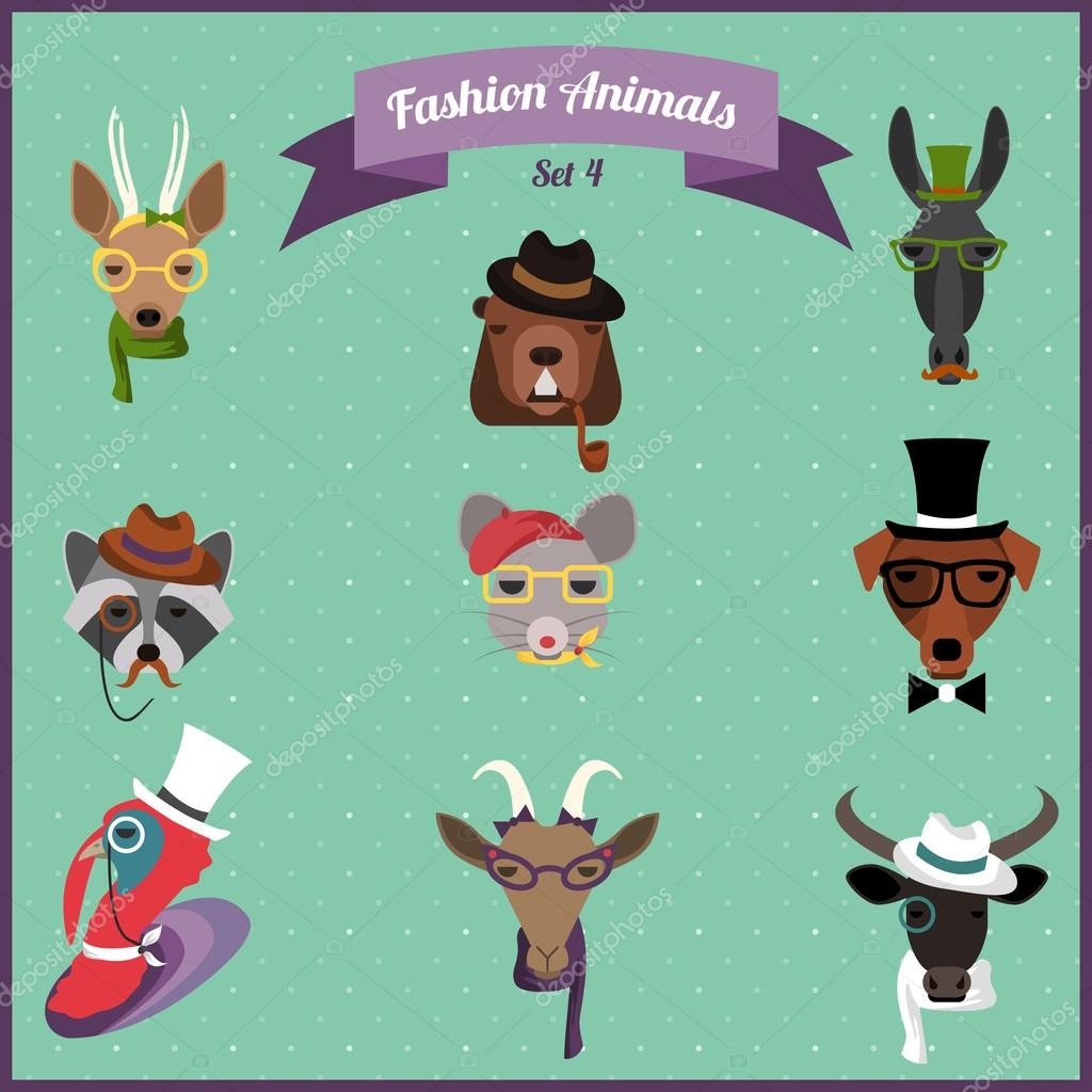 Cute fashion Hipster Animals with flat design. Vector Illustration